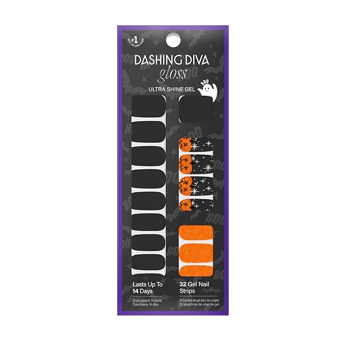 Dashing Diva Gloss Nail Strips - Hey Pumpkin - UV Free, Chip Resistant, Long Lasting Gel Nail Stickers - 3-Piece Manicure Set - Contains 32 Wraps, 1 Prep Pad, 1 File