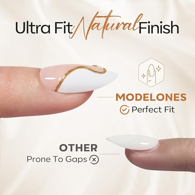 Modelones French Tip Press on Nails Almond, Short Almond Fake Nails, Semi-Transparent Soft Nail Kit with Nail Glue Adhesive Tabs Nail File, Spring Nails Press Ons 30Pcs 15 Sizes, Golden Line