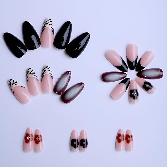 Black French Tip Fake Nails Medium Almond Press on Nails Flower Nails Press Ons Brown Stick on Nail Glossy Full Cover False Nails Acrylic Nude Glue on Nail for Women and Girls Decoration 24Pcs