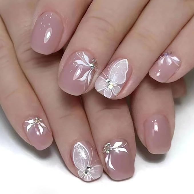 Pink Glitter Butterfly False Nails - 24pcs Full Cover Glossy Glue on Acrylic Artificial Nails