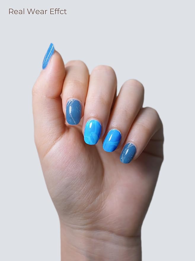 Semi Cured Gel Nail Strips - UV Light Gel Nail Stickers - 20 Long Lasting Salon Quality Wraps (Ocean Blue)