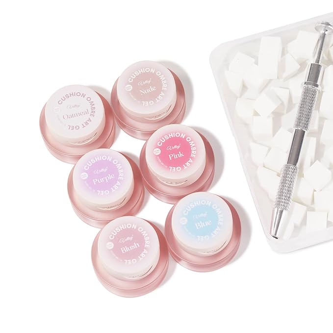 vettsy 5-in-1 Cushion Ombre Art Gel Set - 6 Nude, Pink & Pastel Shades - HEMA-Free Solid Creamy Gel for Ombre, Nail Art, Full Application & Chrome - No-Wipe, Vegan & Cruelty-Free UV/LED Nail Gel