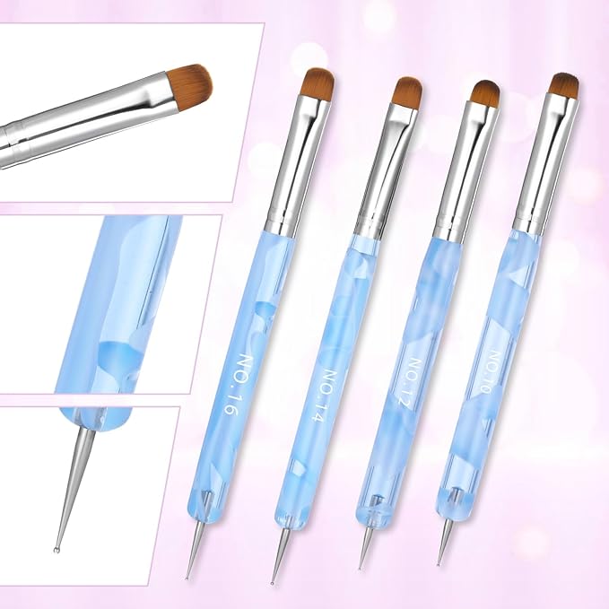 4pcs French Gel Nail Art Brush Acrylic Two Way Nail Art Brush with Dotting Professional Manicure Tool for Manicure Cuticle Clean up Detailed Designs Nails Dotting Pen (10#, 12#, 14#, 16#)
