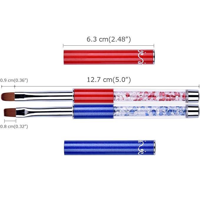 2Pcs Oval & Flat UV Gel Nail Brush Set Rhinestone Handle Professional Nail Art Design Brushes Multi-colored Size 8