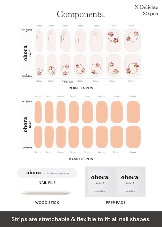 ohora Semi Cured Gel Nail Strips (N Delicate) - White, Patterned, Works with Any UV/LED Lamps, Salon-Quality, Long Lasting, Easy to Apply & Remove - Includes 2 Prep Pads, Nail File & Wooden Stick