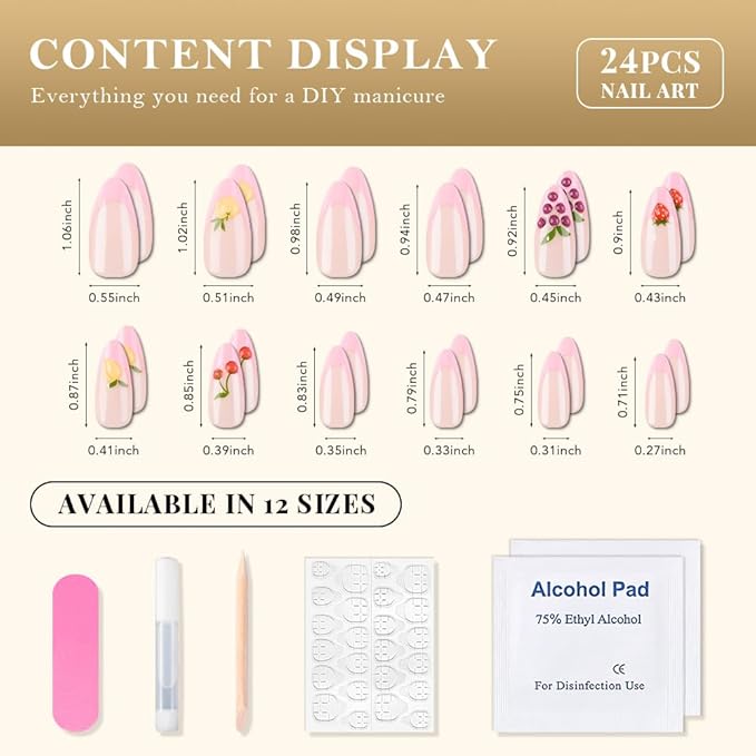 evpct French Tip Press on Nails Medium Almond, Nude + Pink Tips, 3D Fake Nails Kit with 3D Fruits Designs, Berry & Strawberry & Orange & Grape, Stick on Nails with Nail Kit, Reusable Stick on Nail Kit
