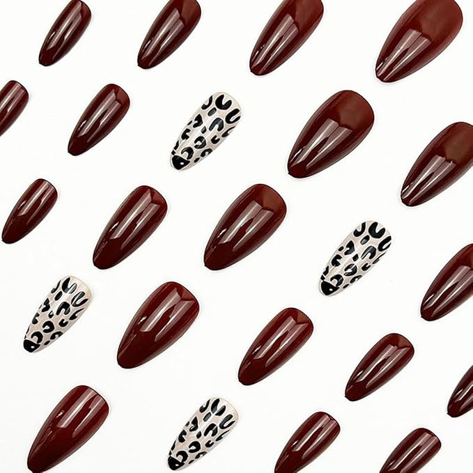 Brown Press On Nails Short Almond Fake Nails Fall Nails Leopard False Nails Press ons with Leopard Print Design Glossy Acrylic Full Cover Stick on Nail for Women Girls Manicure 24Pcs