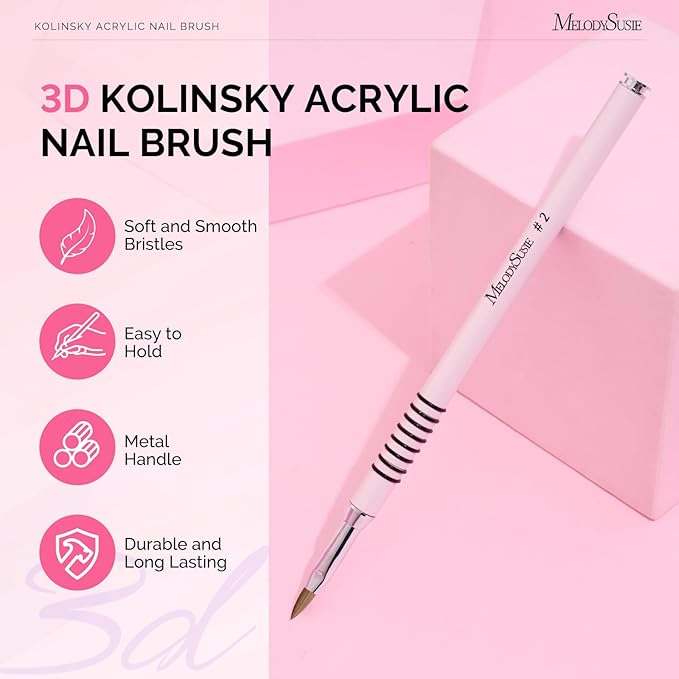 MelodySusie 3D Kolinsky Acrylic Nail Brush, Professional Nail Art Sculpture Brush with Pink Metal Non-Slip Grip Handle, for Acrylic Application 3D Nail Art Flower Designs, Size 2
