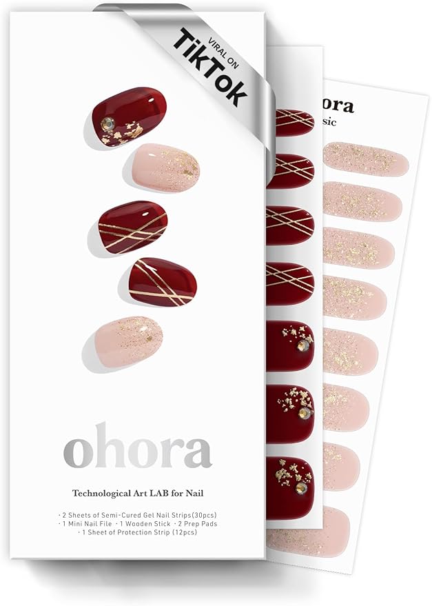 ohora Semi Cured Gel Nail Strips (N Ruby Glint) - Works with Any Lamps, Salon-Quality, Long Lasting, Easy to Apply & Remove - Includes 2 Prep Pads, Nail File & Wooden Stick