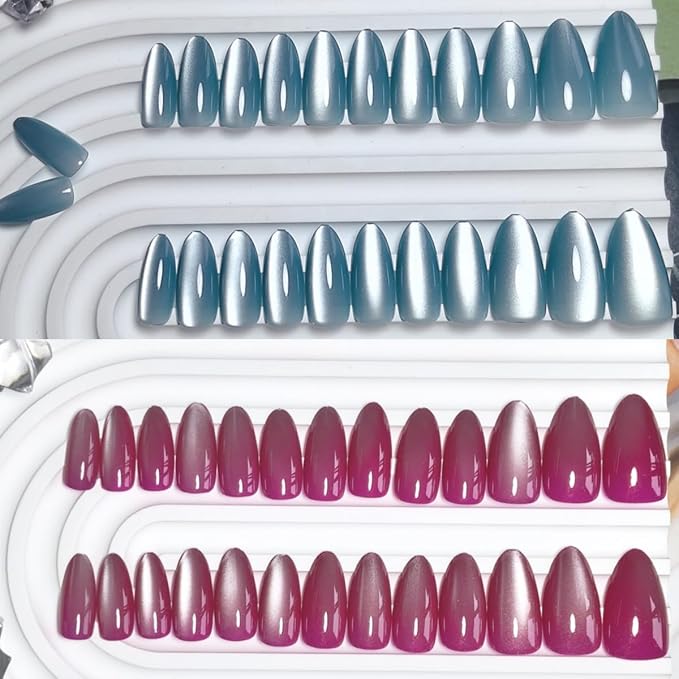 KQueenest 4 Packs Soft Gel Press On Nails Almond, Cat Eye Press On Nails Medium, Brighter Glitter Fake Nails Press Ons Stiletto, Sparkle Chrome Glue On Nails for Women Small Sizes Gift, 120 Pcs
