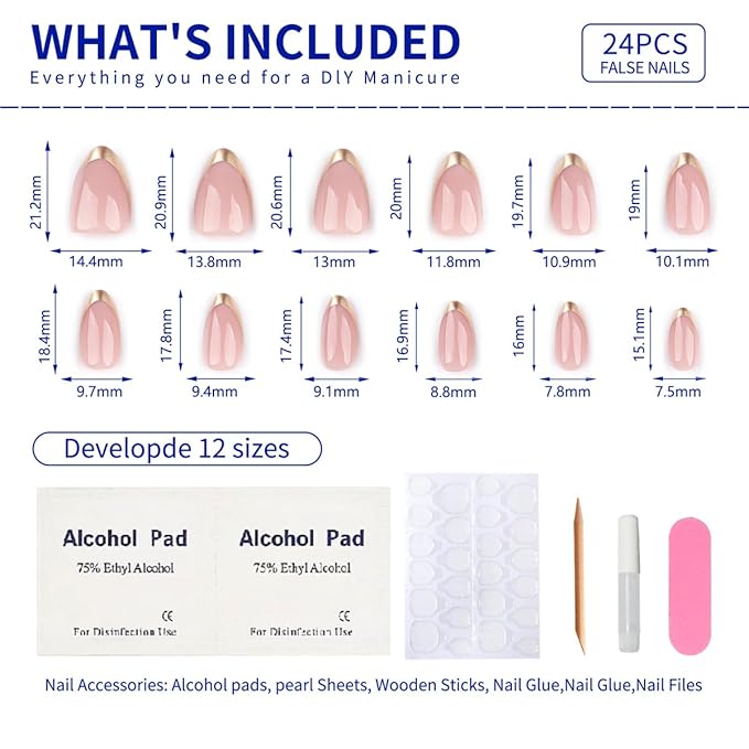 Almond Press On Nail Short, Pink Fake Nails with Elegantly Crafted Gold French Tips, Glossy Gel Finish, Thick Natural Reusable Glue On Nails Kit for Women 24Pcs, Golden Chic