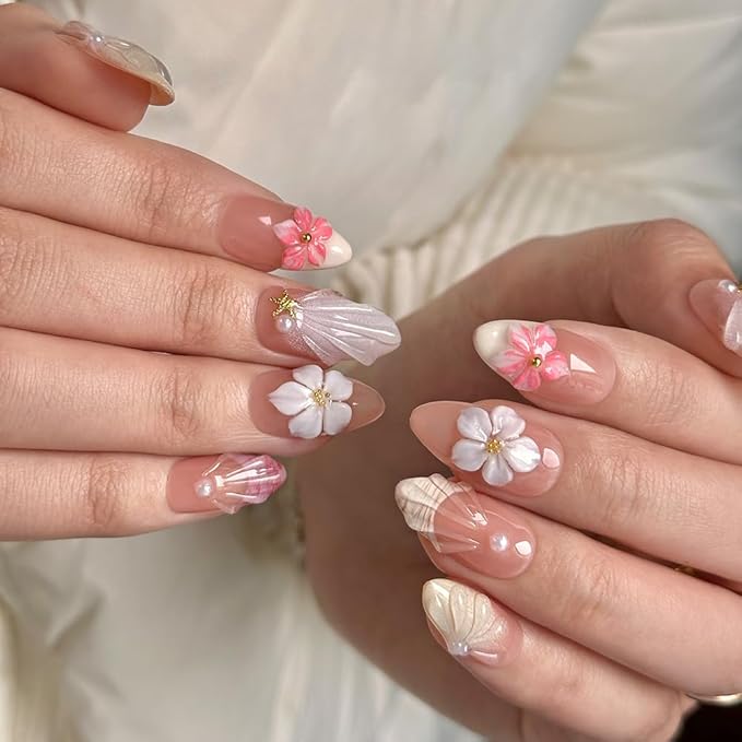 Press On Nails - 3D Almond Handmade Unique French Fake Nails, Thick Acrylic and Muti-Layer Gel False Nails, Reusable Gel Cured Sturdier Fake Nails (Size S)