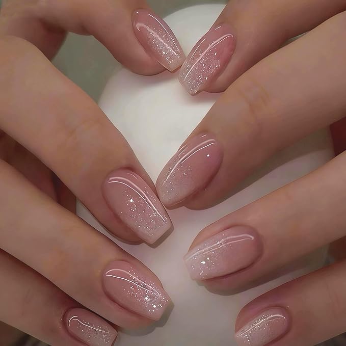 Hkanlre Medium Coffin Press on Nails Bling Fake Pink Nails Tips Full Cover False Nails for Women and Girls 24PCS