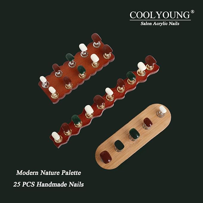 Press On Nails Short, Chic Mixed-Color Nails Press Ons - Dark Green, Brown, White, Square Shape, Acrylic Fake Nails for Women, 25 PCS Handmade Press On Nails