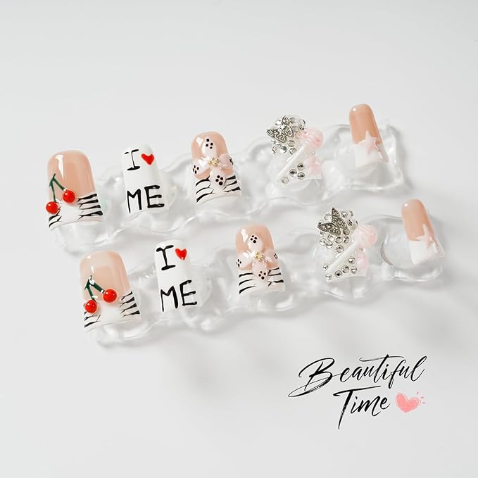 Short Duck Press on Nails - 3D Floral Metallic Butterflies French Tip False Nails with Zebra Stripe Print, Lollipop Cherry Stars Luxury Cute Design (Cute Love Cherry Candy,L)