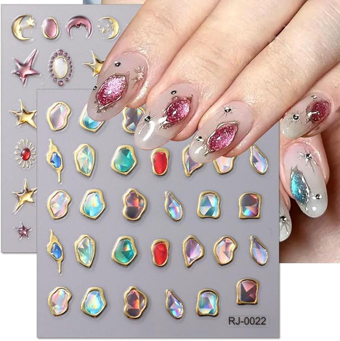6Sheets 5D Embossed Stickers, Crystal Soft Glue Irregular Gems, Geometric Frame Art Stickers, Jelly Rhinestones Heart Star Decals, Moon Sun Cloud Nail Designs