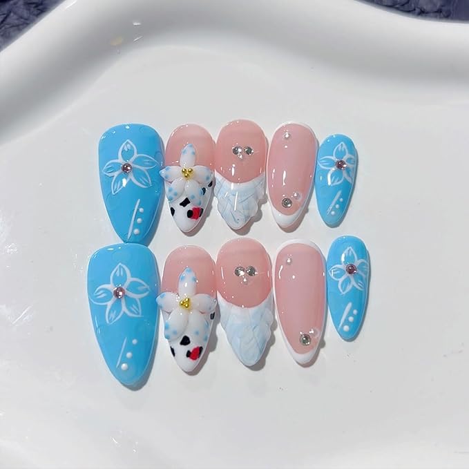 10 Pcs Blue French Almond Handmade Press on Nails with Glue,Luxury False Nails 5D Flower Art Design Muti-Layer Gel False Nails Reusable Thick Nails Handmade Nail for Women(Size S)