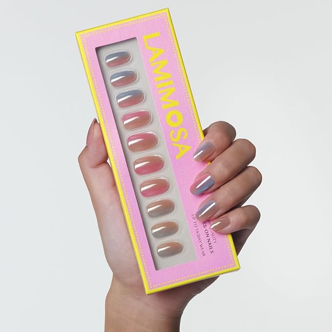 LAMIMOSA 32Pcs Ombre Chrome Press On Nails Short Round - Soft Gel Fake Nails in 16 Sizes, Reusable Glue on Nails kit, ROMAN SUNRISE