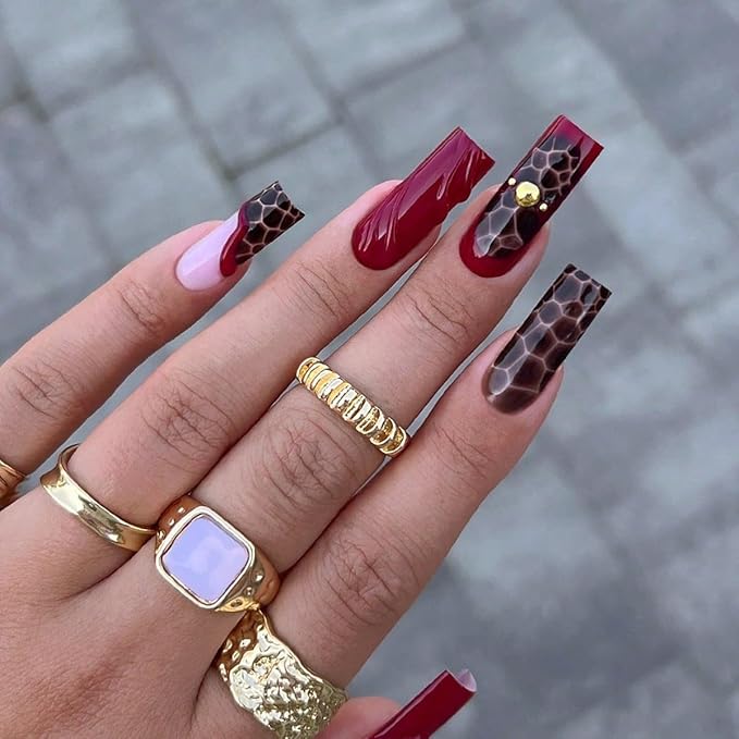 Square Press on Nails Long Purple Fake Nails 3D Charm with Leopard Stick on Nail Tips for Women
