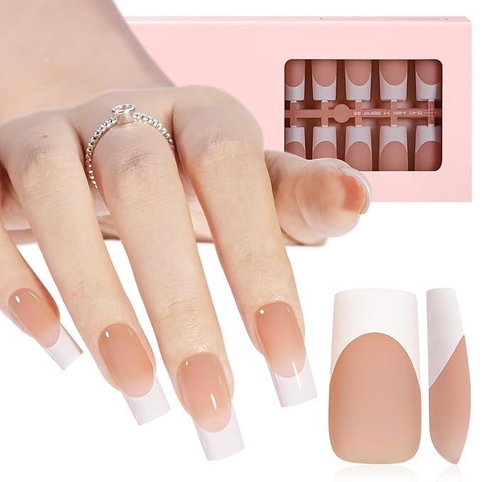 AILLSA French Gel Nail Tips, 180 Pcs Brown French Tip Press On Nail Long Square, Pre-Applied Primer & Base Coat No Need File, Soft Nail Tips Square, Fake Nails with Designs DIY for Women Gift 15 Sizes