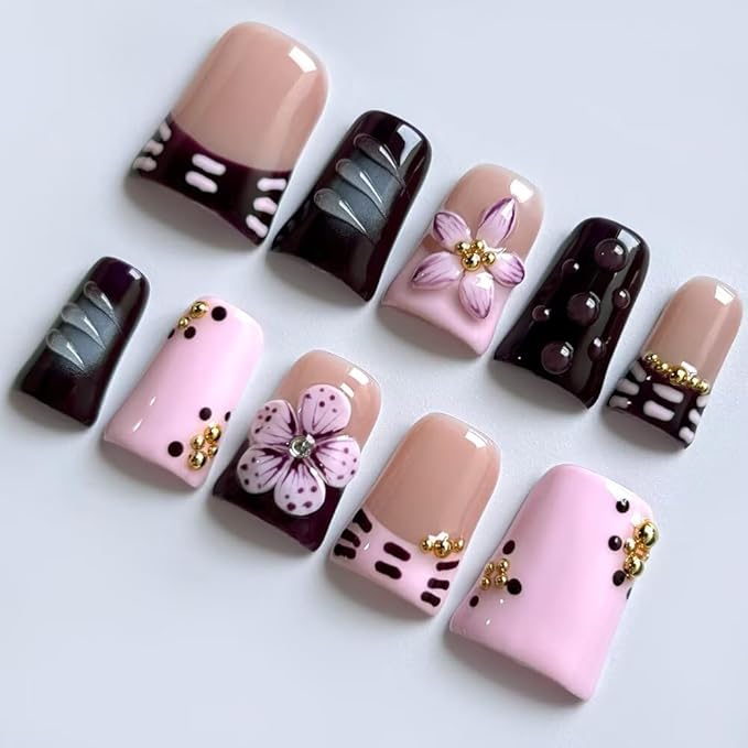 Press On Nails, 10 Pcs Handmade French Purple Duckbill Fake Nails, Reusable Artificial Duckbill False Nails for Women 3D Acrylic Nails Kit (Size S)