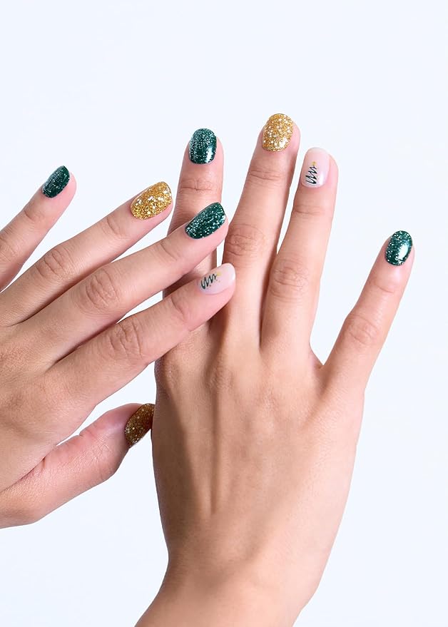 ohora Semi Cured Gel Nail Strips (N Christmas Magic) - Green & Yellow, Works with Any UV/LED Lamps, Salon-Quality, Long Lasting, Easy to Apply & Remove - Includes 2 Prep Pads, Nail File & Wooden Stick