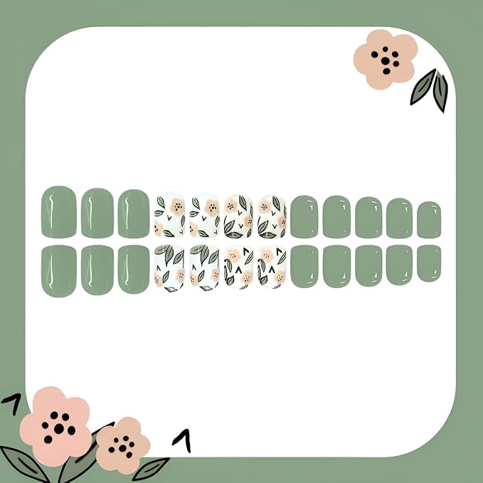 Flower Press on Nails Short Almond Fake Nails White Green Nails Press Ons Glossy Full Cover False Nails Acrylic Glue on Nail Summer Spring Stick on Nail for Women Decorations Set 24Pcs