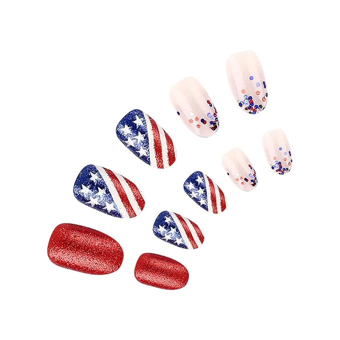 4th of July Press on Nails Short Almond Fake Nails America Flag Blue Red Glitter False Nails with Designs Full Cover Tricolor Flag Glossy Glue on Nails Acrylic Artificial Nails for Women Girls 24Pcs