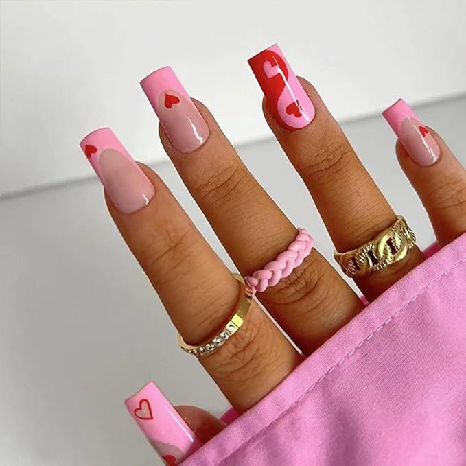 Coffin Press-on False Nails Medium Heart Pink French Tip Glossy Acrylic Nails 24 Pcs