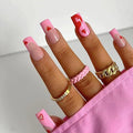 Coffin Press-on False Nails Medium Heart Pink French Tip Glossy Acrylic Nails 24 Pcs
