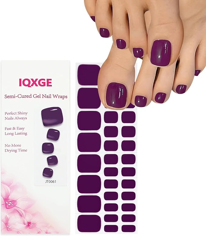 32 Pcs Semi Cured Gel Toe Nail Strips Purple Solid Gel Nail Stickers Full Cover Purple Nails Wraps Self Adhesive Toe Nails Polish Strips Stickers for Women UV/LED Light Required