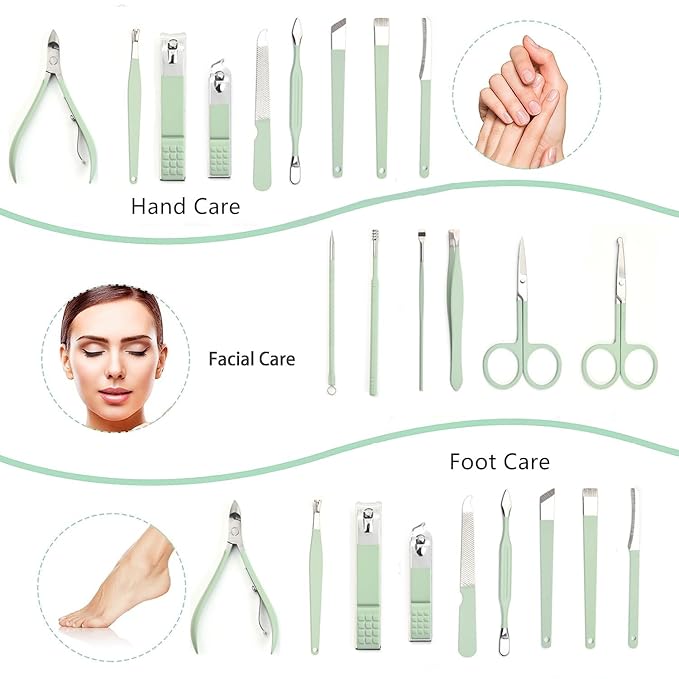 Manicure Set Pedicure Kit Nail Clipper Set Men Women 16 Pcs Personal Care Tools Kit with Portable Travel Case Professional Manicure Pedicure Tools Grooming Kit for Family Friends(Green)