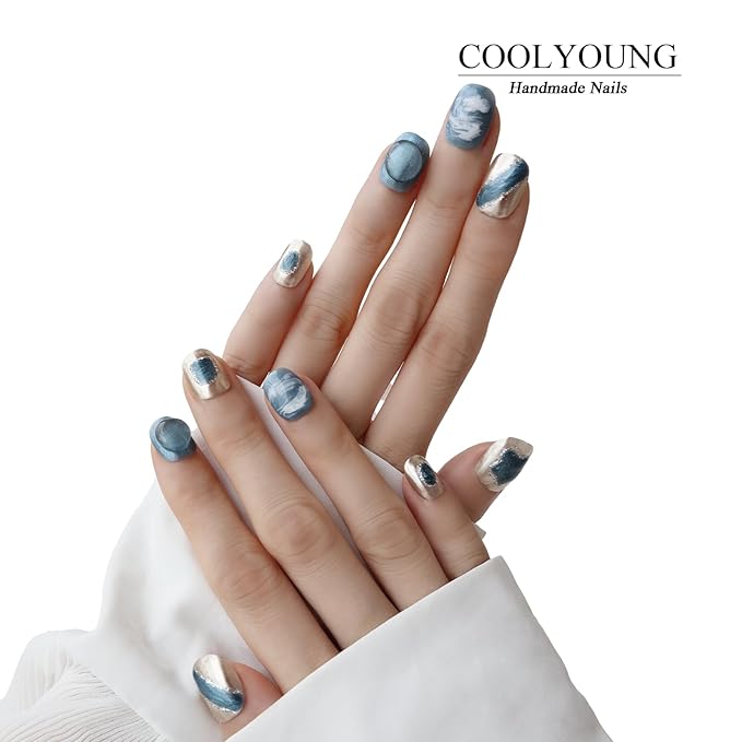 Handmade Nails Blue 3D Press On Nails Acrylic Press Ons Short Handmade Natural Nails Durable Press On Nails Ladies Gifts COOLYOUNG False Nails, 10 PCS, Size L