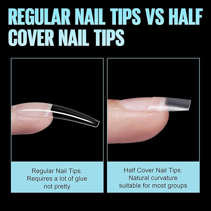 TOMICCA Short Coffin Nail Tips, 510Pcs Acrylic Half Cover Nail Tips, 12 Sizes No C Curve Full Matte Gel Nail Extension Tips for Beginner and Professional