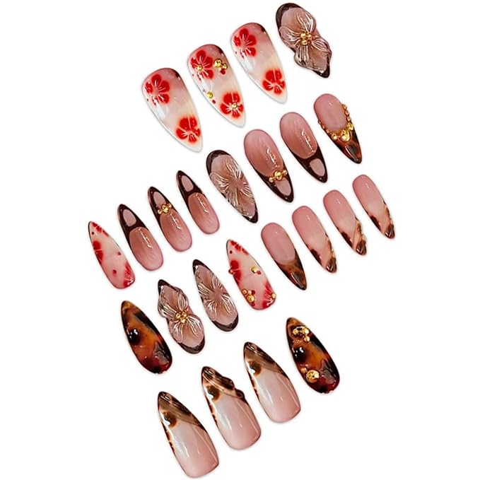 Almond Press on Nails Long Fake Nails Brown Artificial Nail with Tortoise shell and Gold Charm Designs Summer and Fall Cute Acrylic Press ons Red Flowers Handmade Nail 24pcs