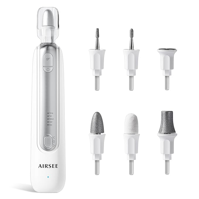 AIRSEE Professional Manicure Pedicure Kit,Cordless 6 in 1 Electric Nail File for feet,5 Speed Rechargeable Pedicure Tools for Thick Nail Toenail Cuticle, Hand Feet Trimmer Buffer for Women Men,White