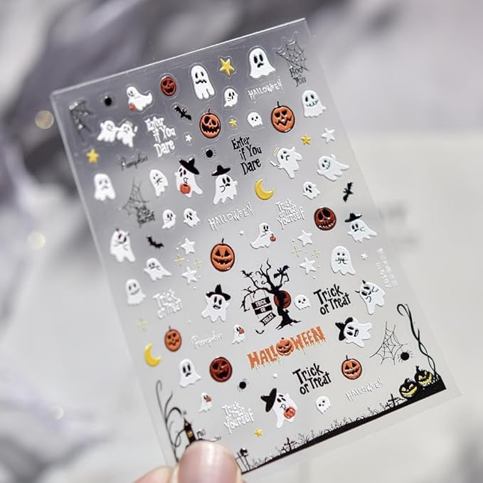 Halloween Nail Stickers 3D Self-Adhesive Cute Ghost Haunted House Nail Art Stickers Pumpkin Spider Web Nail Decals Moon Star Nail Designs Holiday Nail Art Decoration for Women Girls Manicure 1 Sheet