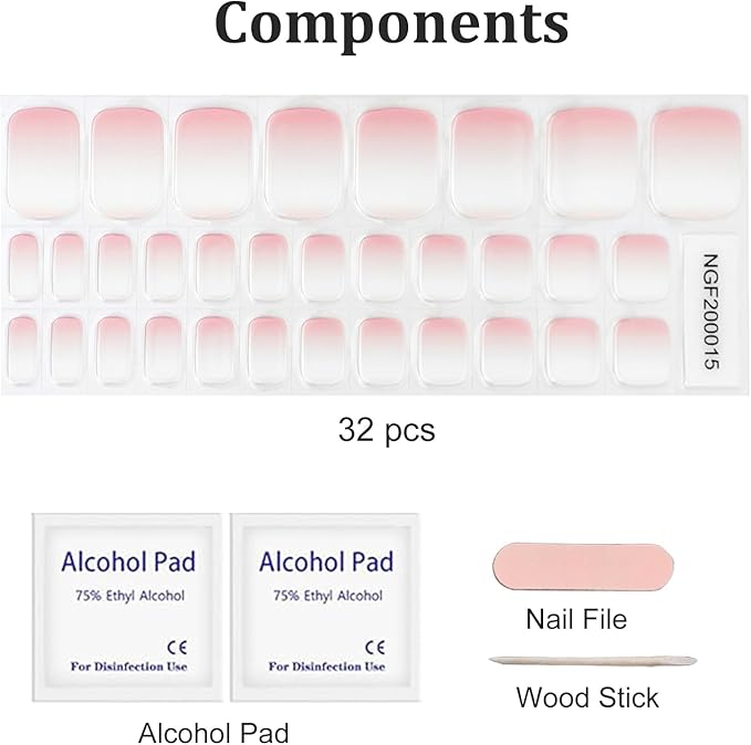 32 Pcs Semi Cured Gel Toe Nail Strips Pink White Ombre Gel Nail Stickers Full Cover Nails Wraps Self Adhesive Toe Nails Polish Strips Stickers for Women UV/LED Light Required