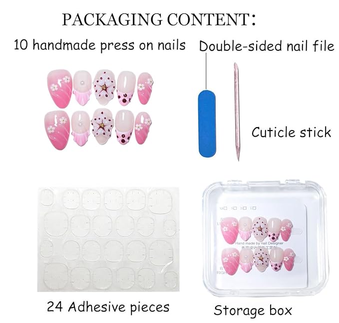 10Pcs Short Almond Handmade Press On Nails | Pink Ombre with Seashell, 3D Floral & Pearl Decor | Reusable Salon-Quality Fake Nails for Women and Girls (PZ01, S)