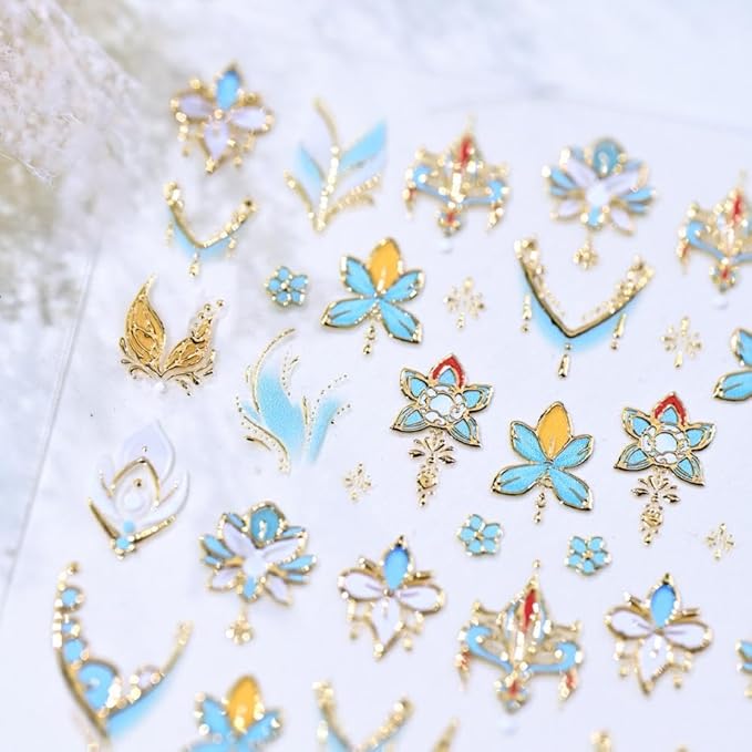 Flower Nail Stickers 5D Embossed Blue Gold Floral Nail Decals 3D Self-Adhesive Chinese Style Nail Supplies Aurora Lotus Flower Nails Designs for Women Girls DIY Manicure 1 Sheet