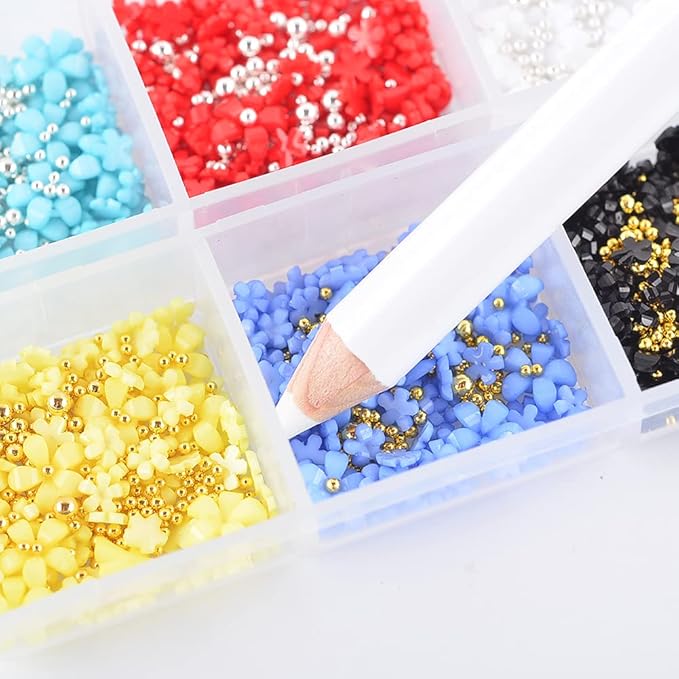 Mixed 3D Flower Nail Charms and Metal Caviar Beads, Acrylic Resin Flowers Nail Design Gold Silver Nail Ball Beads for DIY Decoration Nail Craft Accessories With Pickup Pencil(Bright Colors)