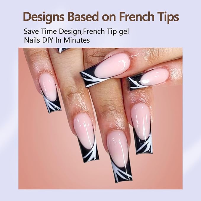 Misssix Black French Gel Nail Tips, 240Pcs French Tip Press on Nails Long Square, No Need to File 3 in 1 Tips Pre-lasting, Fake Nails for Nail Art DIY 15 Sizes