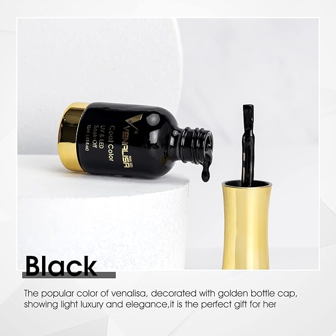 VENALISA Gel Nail Polish, 12ml Black Color Soak Off UV LED Nail Gel Polish Nail Art Starter Manicure Salon DIY at Home, 0.43 OZ