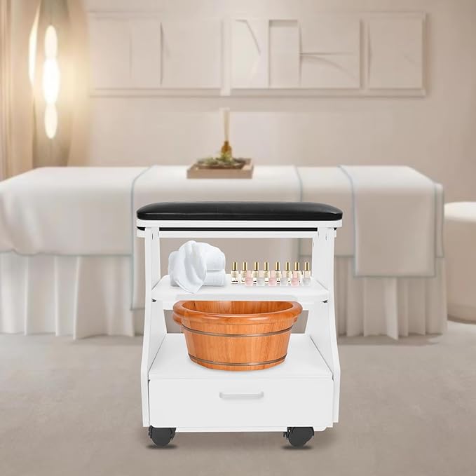 Pedicure Foot Rest, Manicure Foot Rest w/Wheels, Upgrade Widen Footrest Pedicure Foot Stool Stand, Portable Foot Bath Spa Cart Foot Massage Station Footrest, Home Beauty Salon Nail Foot Trolley Cart