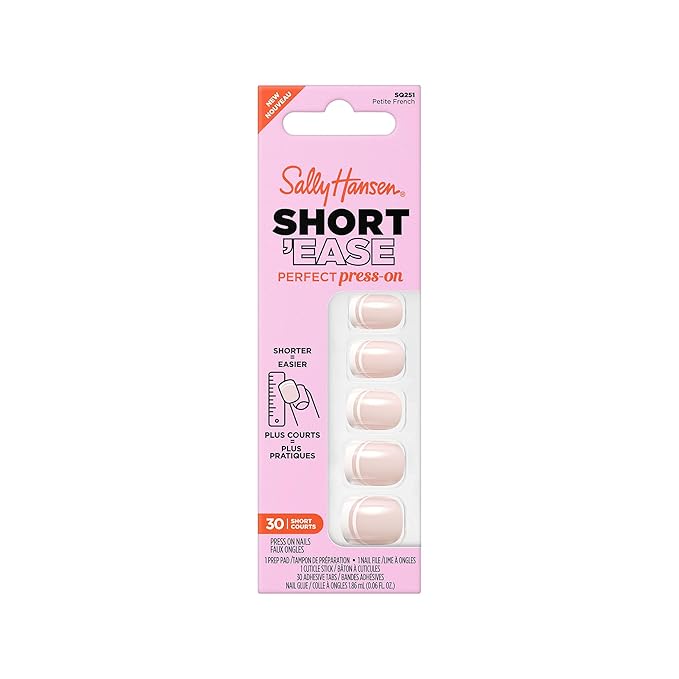 Sally Hansen Salon Effects Perfect Press-On Short'Ease Nails | Square Shape | Easy to Apply, Non-Damaging, Natural Look Vitamin E & B5 | 30 Nails, Nail Glue, Adhesive Tabs, File| Petite French