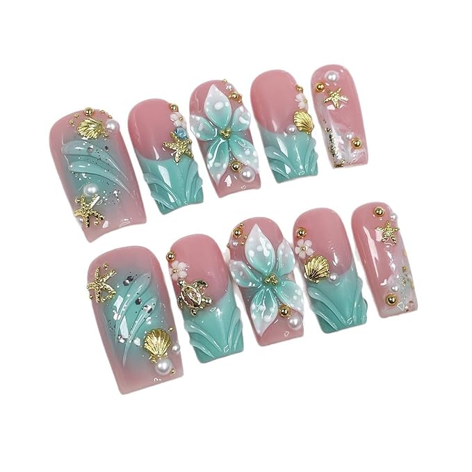 Handmade Press on Nails French False Nails Medium Coffin Fake Nails Gradient Flower Acrylic Nails Full Cover Reusable 3D Starfish Shell Fake Nails for Women Girls Accessories (Size S)