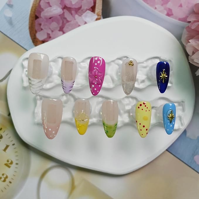 10pcs Handmade Press On Nails Almond Shaped - French Tip with 3D Floral & Polka Dot Design, Glossy Colorful Fake Nails Medium Length Full Coverage Acrylic Nails for Women (Dopamine Glow,M)
