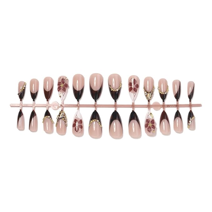 Almond Press on Nails Long Fake Nails SEENEEY Brown Artificial Nail Black French Tip and 3D Flowers Designs Rhinestones Tortoise Shell Stick on Nail for Women 24pcs