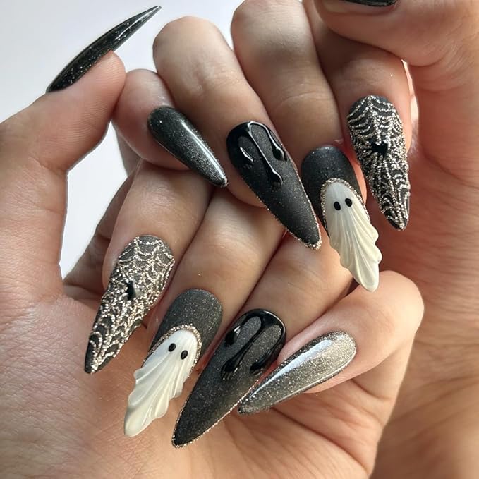 Halloween Press On Nails Handmade Long Stiletto Fake Nails, Apparition nails Sparkling Design press ons,10 Pcs Reusable Painting Fingernail Tip Salon Artificial Nails Kit (Size S）