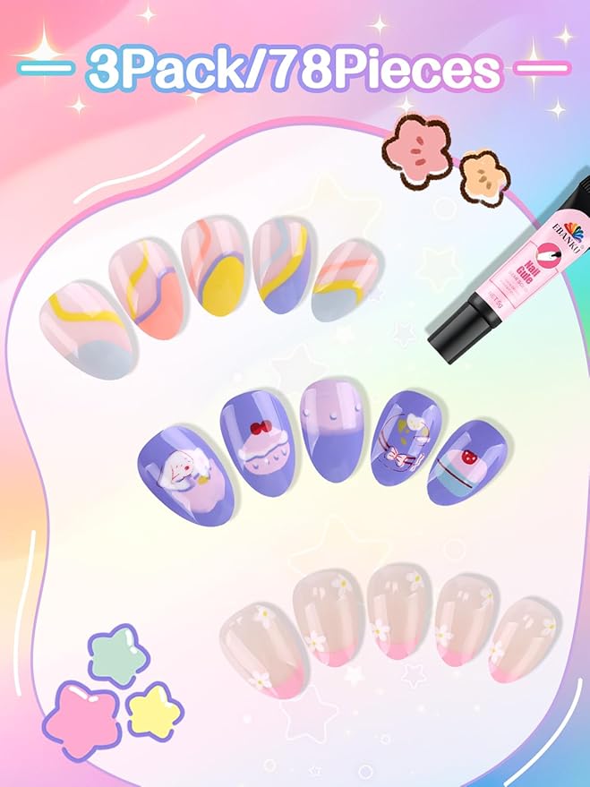 78PCS Kid Press on Nails, EBANKU 3 Pack Children Fake Nail Kit Full Cover Short False Fingernails with Nail Glue for Girl Nail Decoration（Cake）